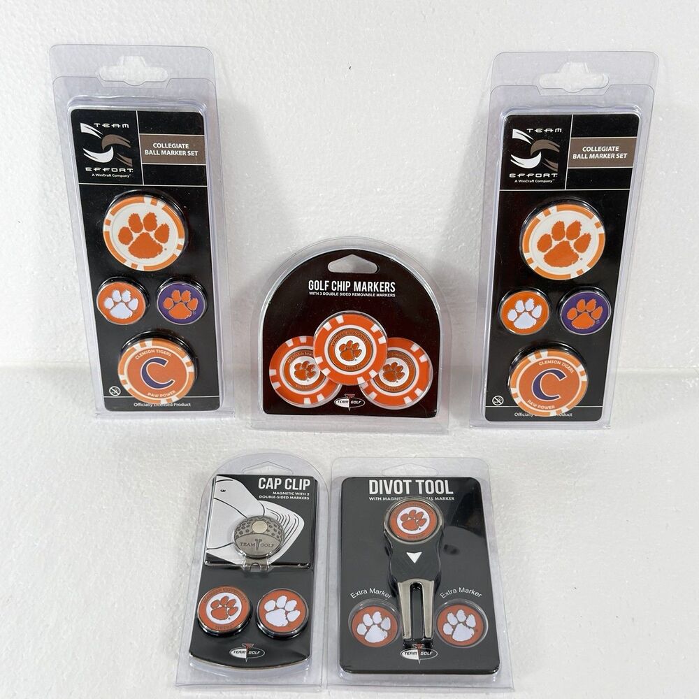 Clemson Tigers NCAA Golf Accessories Lot Ball Marker Set Divot Tool Hat Clip NEW